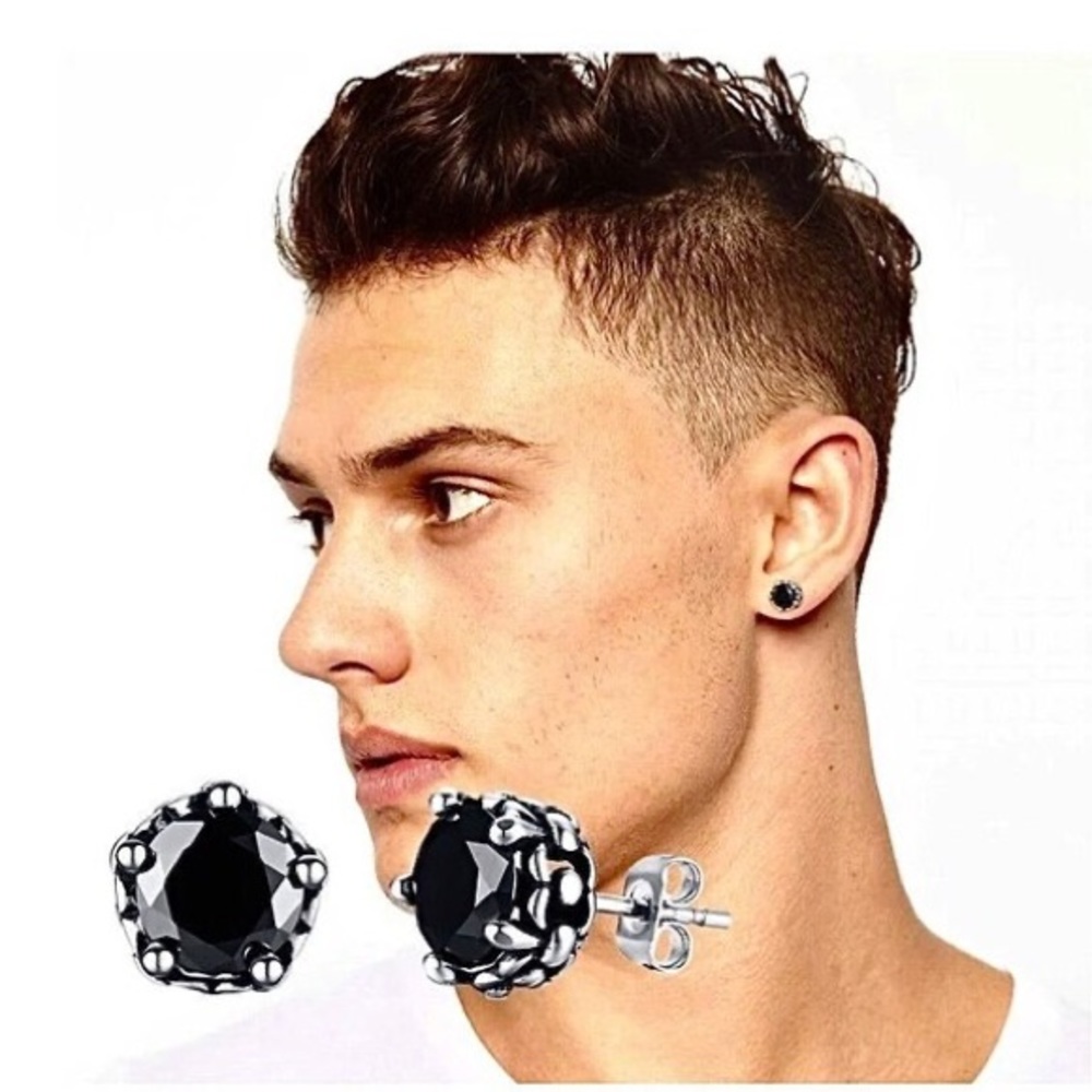 Single Accent Men Stud Earring Stainless Steel 9mm Black Round CZ Stud Earrings